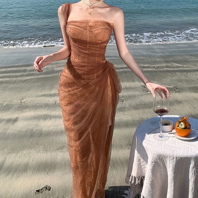 Sequin Evening Maxi Gown Sheer One Shoulder Sleeveless Ruffle