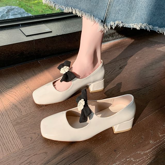 Flower Pumps Jane Bow Mary Toe Heel Square Block