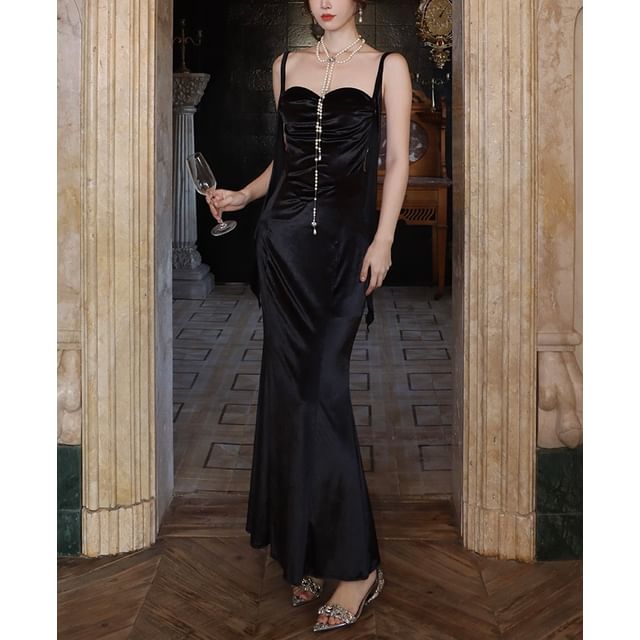 Plain Neck Dress Strap Ruched Spaghetti Sheath Maxi Sweetheart