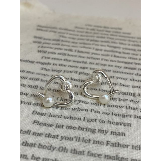 Earring Stud 925 Sterling Pearl Heart Silver Faux