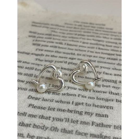 Earring Stud 925 Sterling Pearl Heart Silver Faux