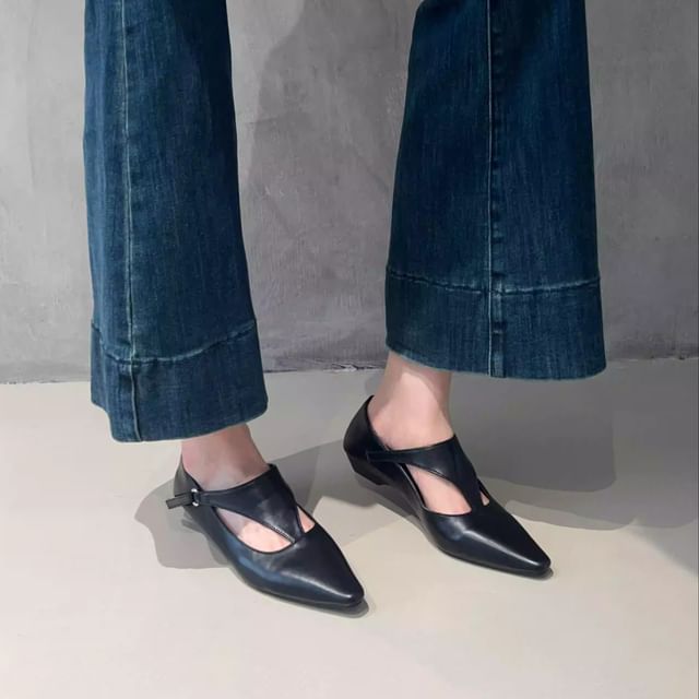 Cutout Leather Flats Faux