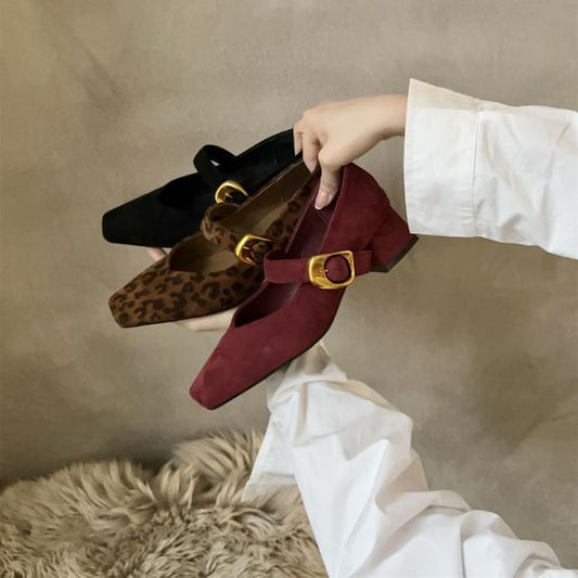 Suede Faux Chunky Heel Mary Jane Buckled Pumps