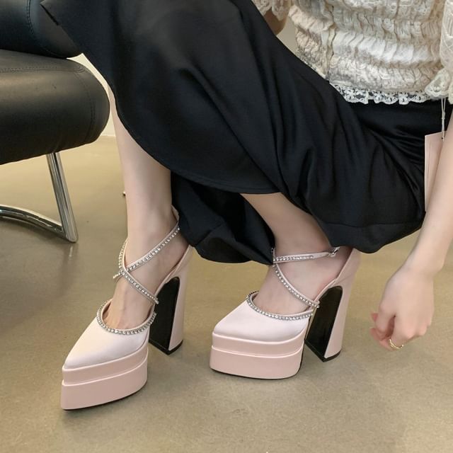 Pointed Pumps D'Orsay Accent Chunky Heel Rhinestone Toe