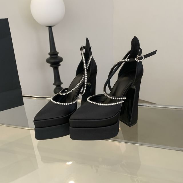 Pointed Pumps D'Orsay Accent Chunky Heel Rhinestone Toe