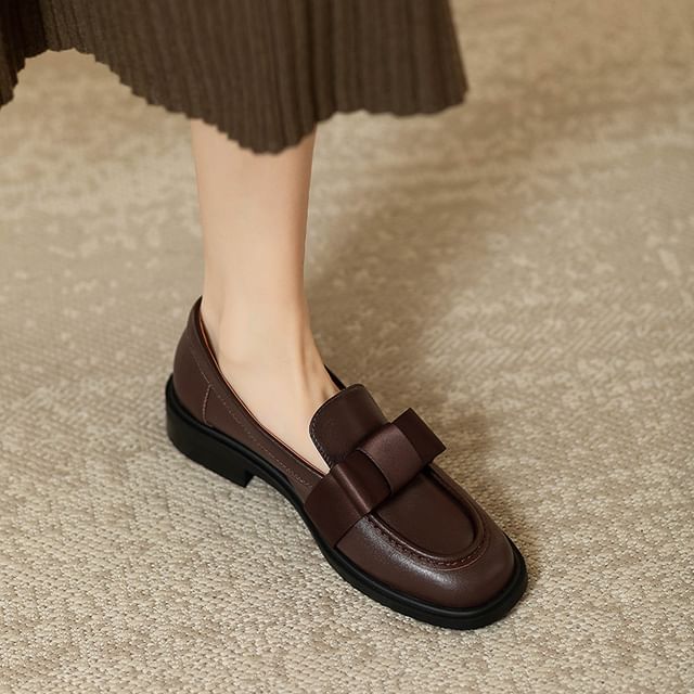Leather Accent Faux Loafers Bow Plain
