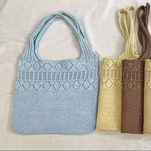 Knit Plain Tote Pointelle Bag