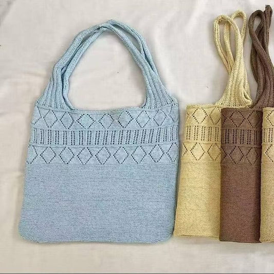Knit Plain Tote Pointelle Bag