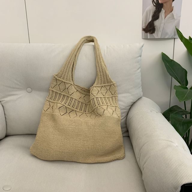 Knit Plain Tote Pointelle Bag