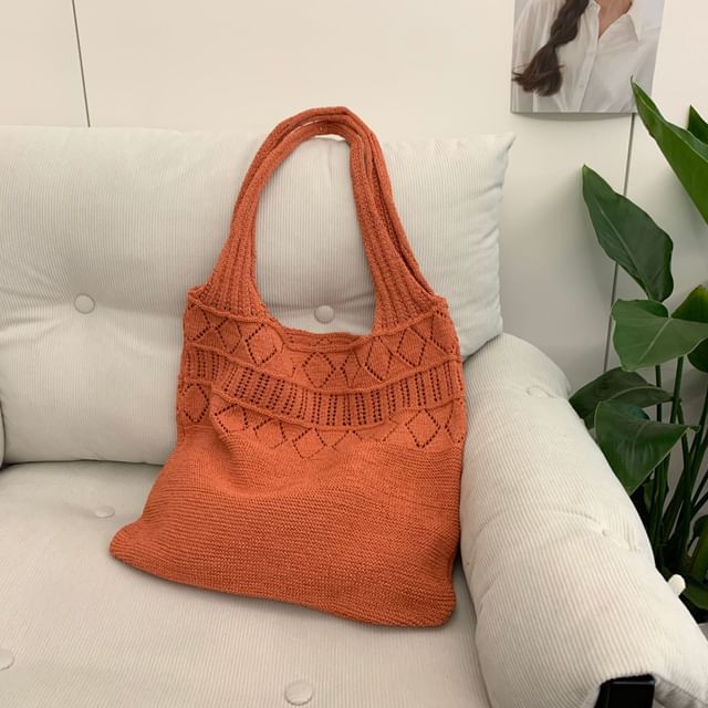 Knit Plain Tote Pointelle Bag