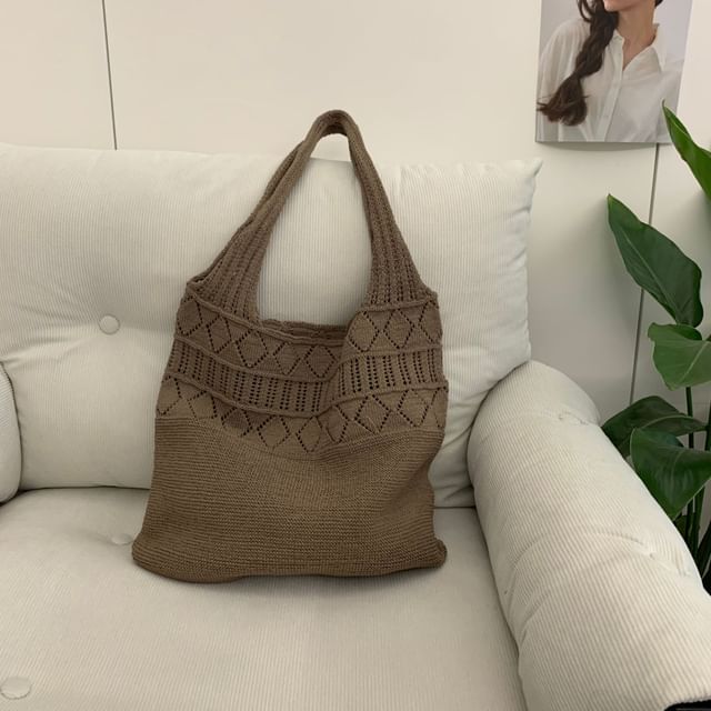 Knit Plain Tote Pointelle Bag