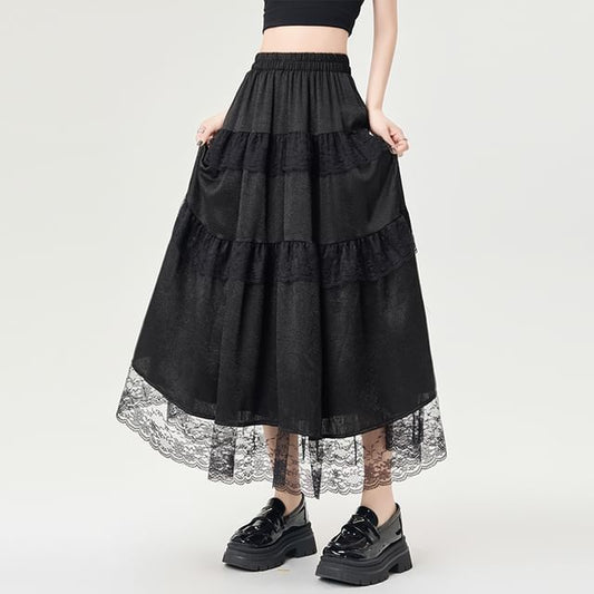 High Rise Plain Maxi Trim Skirt Lace A-Line