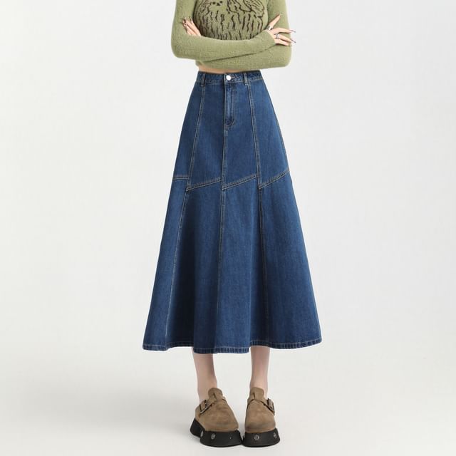High Midi Skirt Stitching Rise Denim Contrast A-Line
