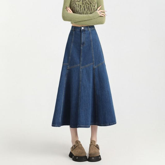 High Midi Skirt Stitching Rise Denim Contrast A-Line