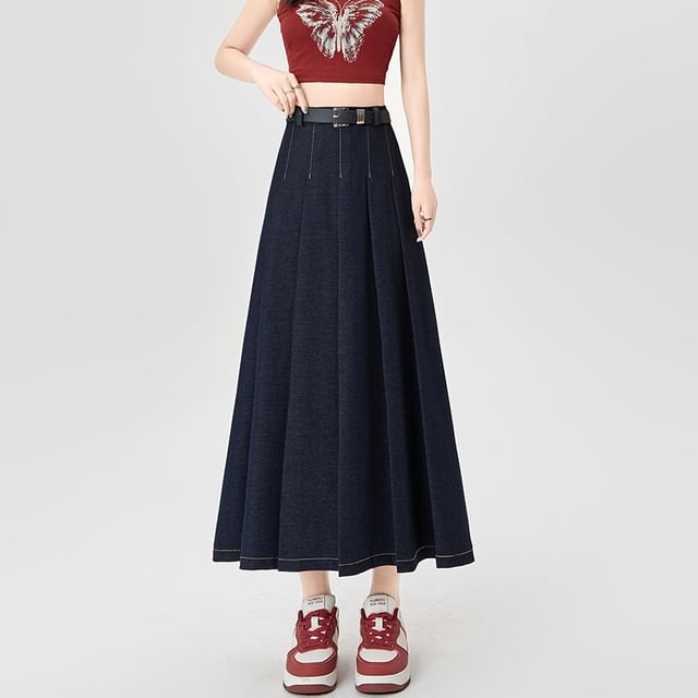 Denim Skirt Rise Stitching Contrast A-Line Maxi High Pleated Accordion
