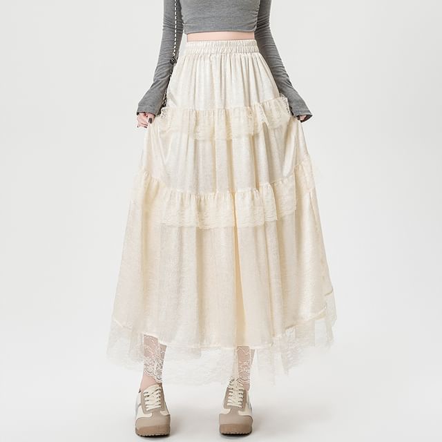 High Rise Plain Maxi Trim Skirt Lace A-Line