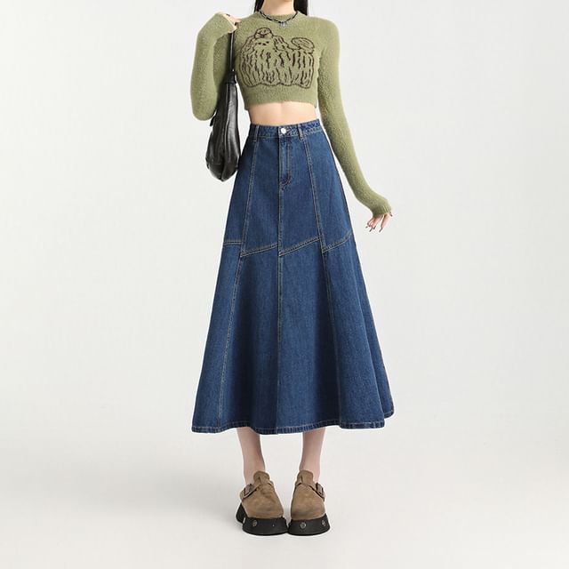 High Midi Skirt Stitching Rise Denim Contrast A-Line