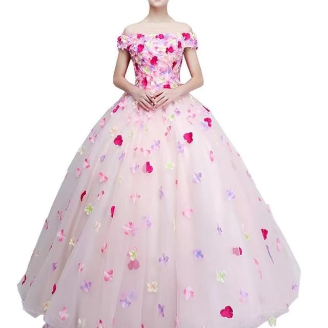 Shoulder Ball Embroidered Gown Floral Off Wedding