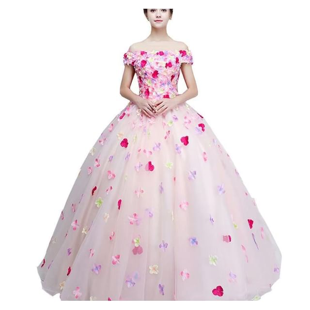 Shoulder Ball Embroidered Gown Floral Off Wedding