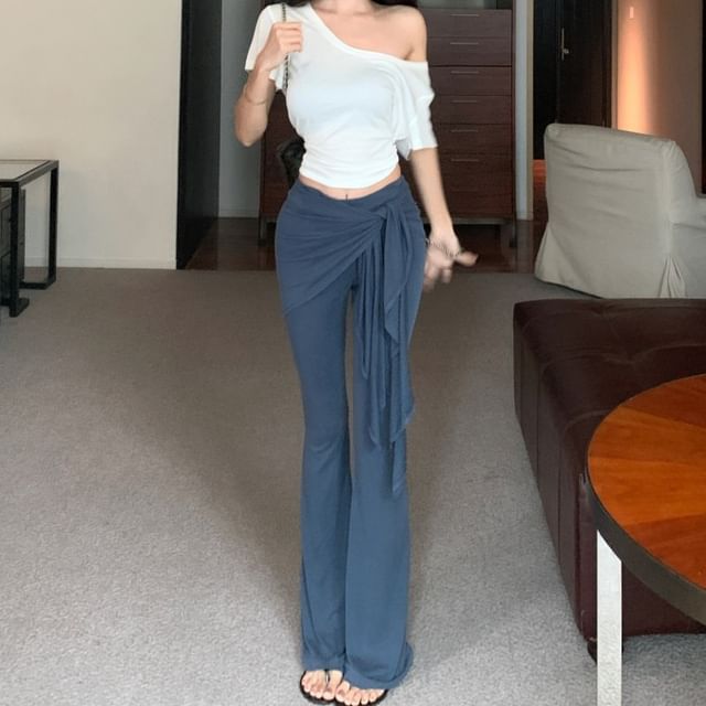 Skirt Overlay Yoga Shoulder / Plain Short-Sleeve T-Shirt Pants Off High Crop Waist