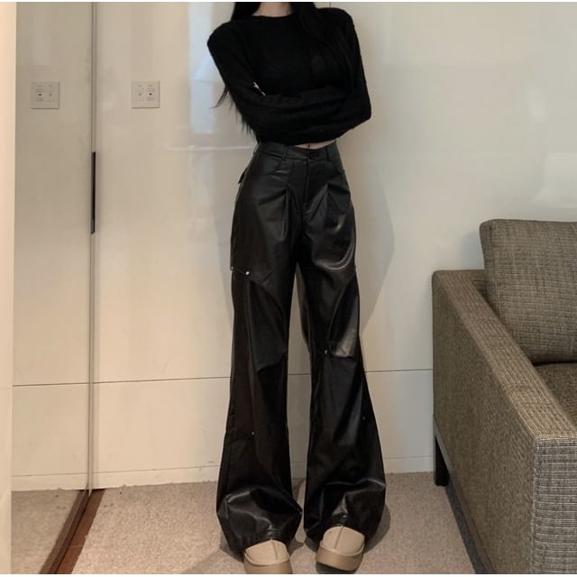 Wide Rise Neck Leg Pants Faux Plain Leather Crop High / Long-Sleeve Top Round