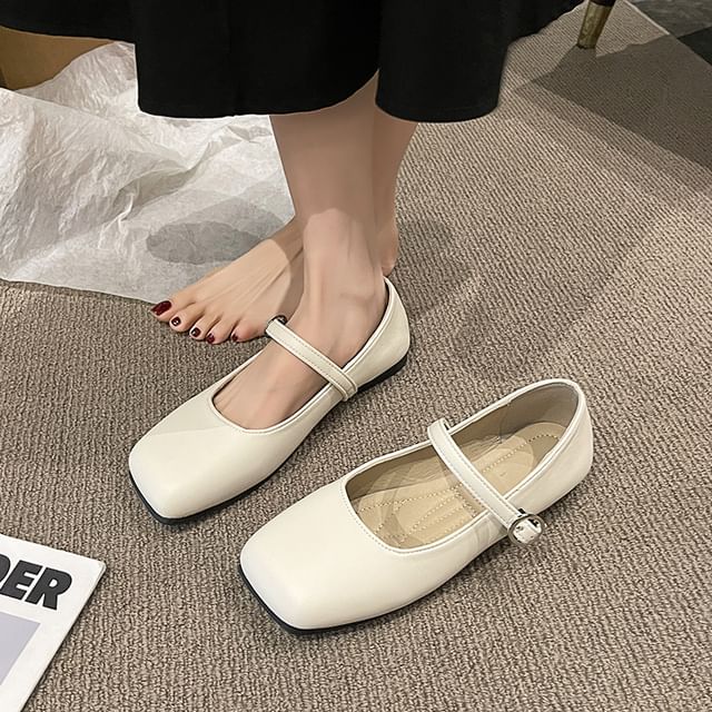 Square Plain Faux Jane Flats Toe Leather Mary