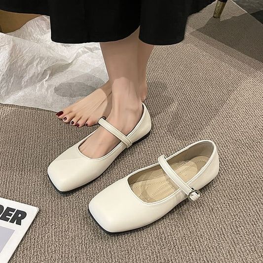 Square Plain Faux Jane Flats Toe Leather Mary