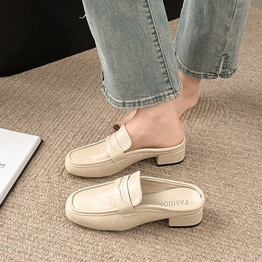 Chunky Plain Faux Mules Penny Leather Heel Loafer