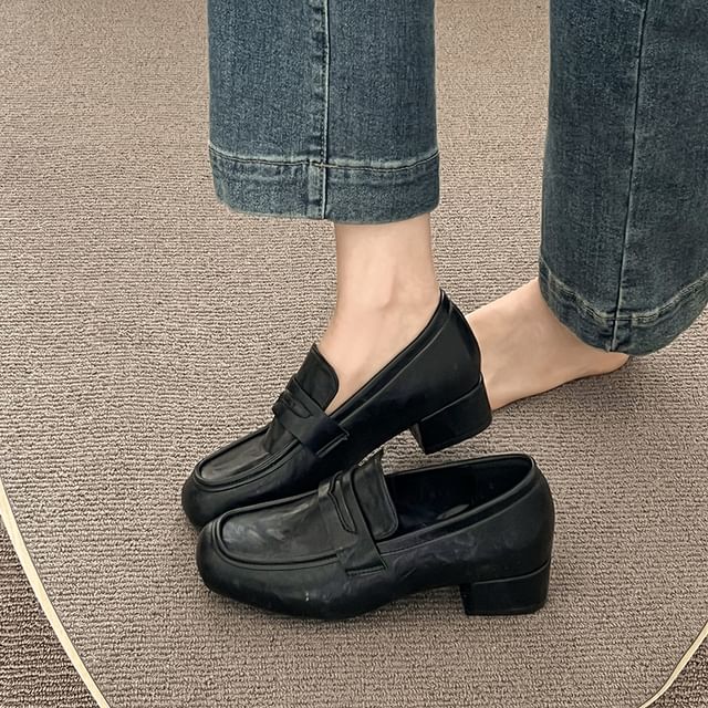Chunky Faux Loafers Plain Heel Penny Leather