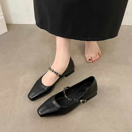 Chunky Faux Mary Jane Leather Buckled Pumps Heel