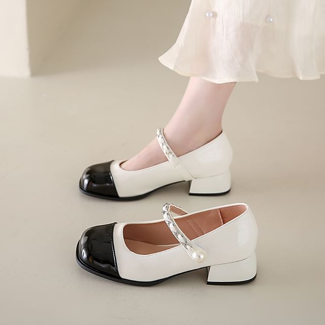 Heel Toe Pumps Faux Mary Pearl Accent Chunky Cap Jane