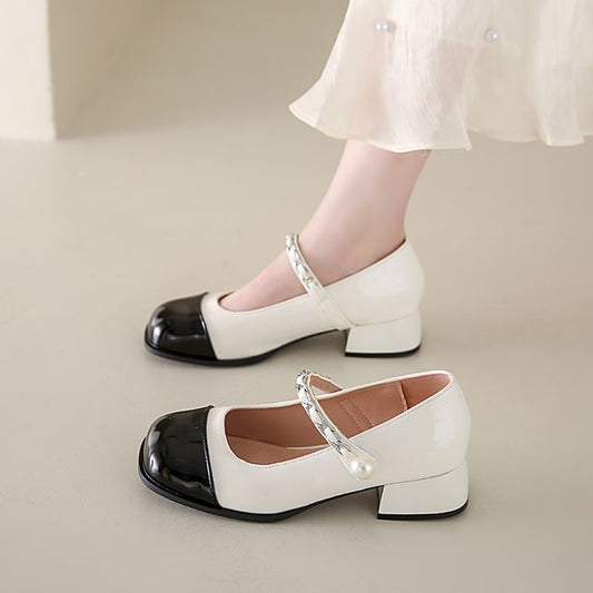 Heel Toe Pumps Faux Mary Pearl Accent Chunky Cap Jane