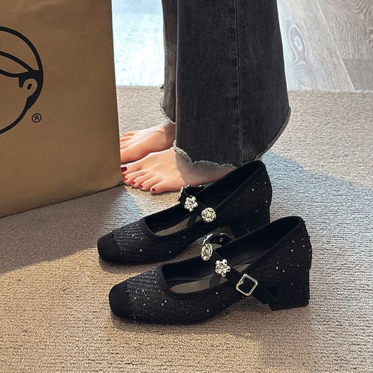 Chunky Mary Heel Metal Accent Sequin Jane Pumps