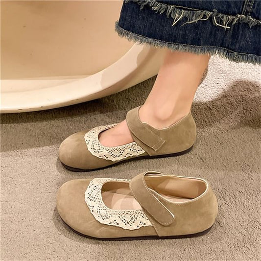 Flats Jane Toe Mary Lace Round Trim