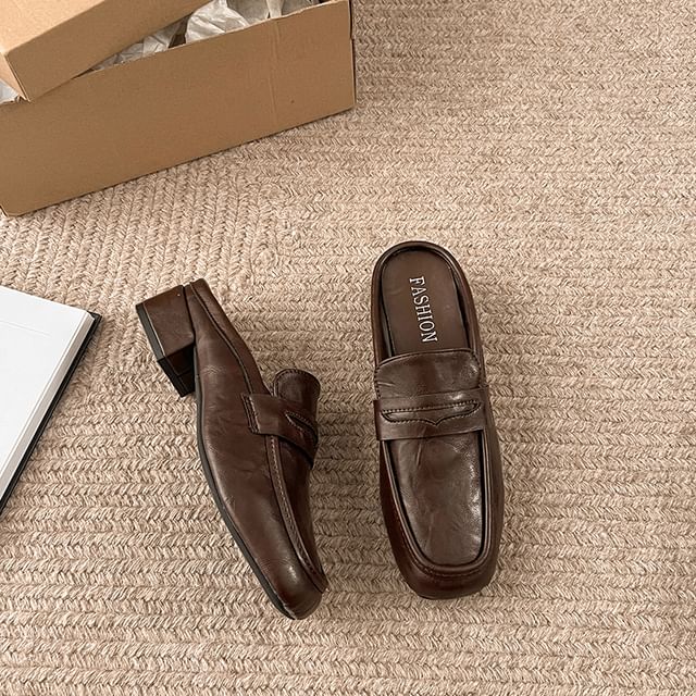 Chunky Plain Faux Mules Penny Leather Heel Loafer