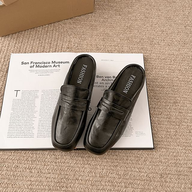 Chunky Plain Faux Mules Penny Leather Heel Loafer