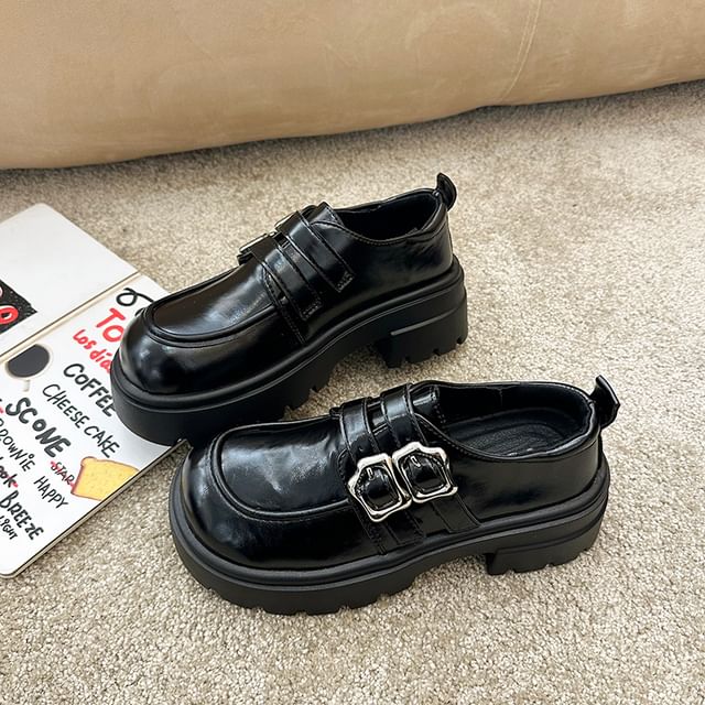 Plain Platform Shoes Leather Buckled Faux