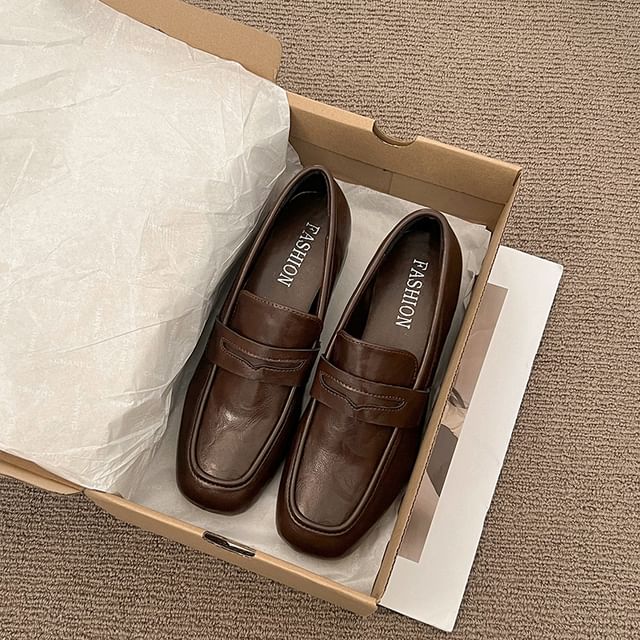Chunky Faux Loafers Plain Heel Penny Leather