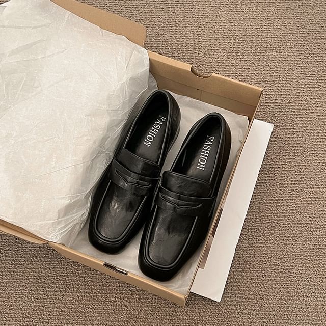 Chunky Faux Loafers Plain Heel Penny Leather