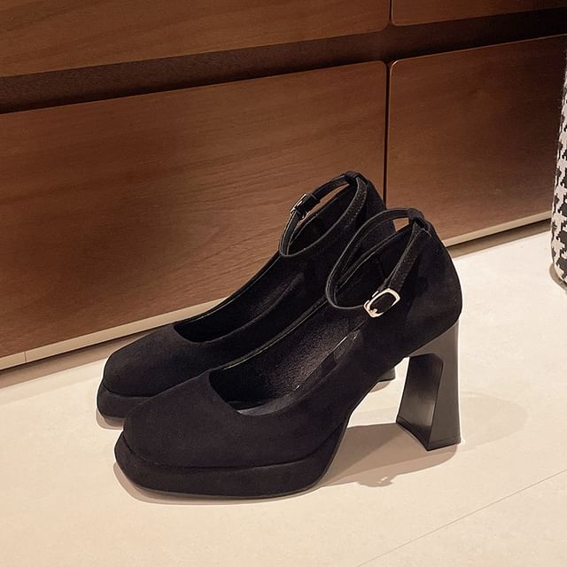 Heel Ankle Plain Toe Square Strap Pumps Chunky