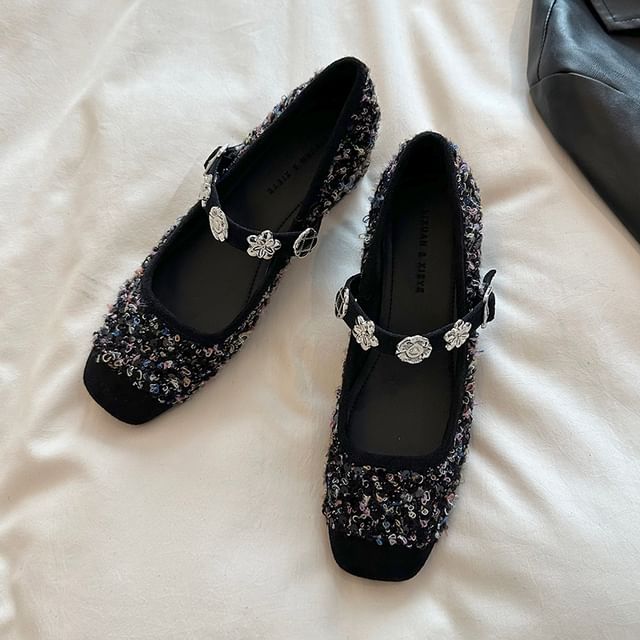 Chunky Mary Heel Metal Accent Sequin Jane Pumps