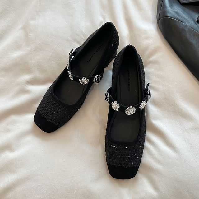 Chunky Mary Heel Metal Accent Sequin Jane Pumps