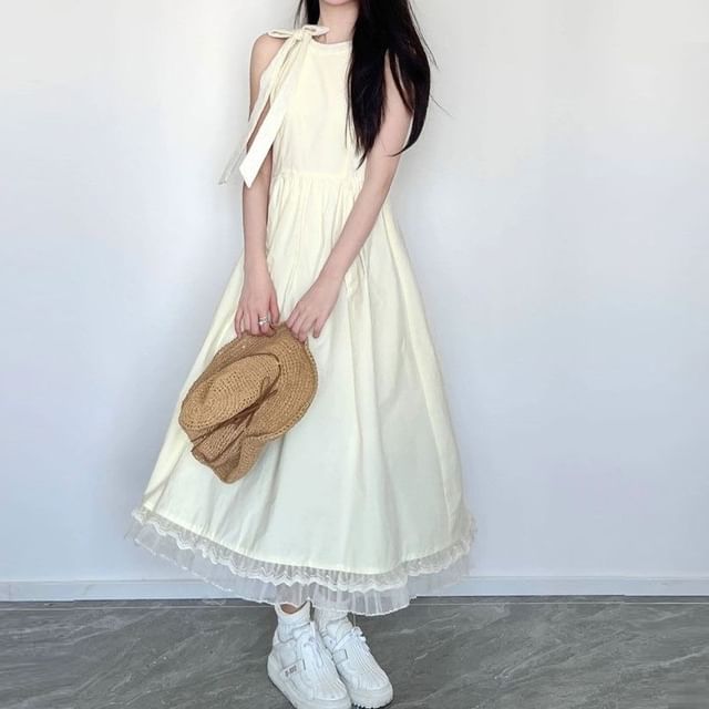 Sleeveless Mesh Bow Dress Plain Panel A-Line Maxi Round Neck