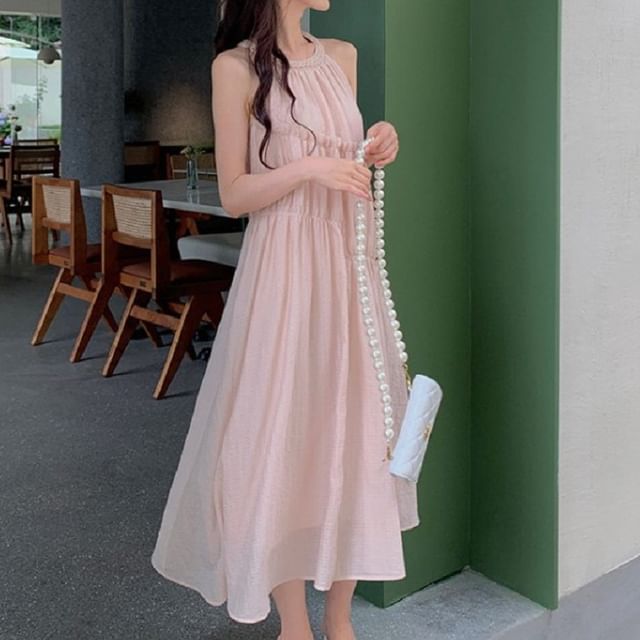 Round A-Line Midi Panel Neck Plain Dress Sleeveless