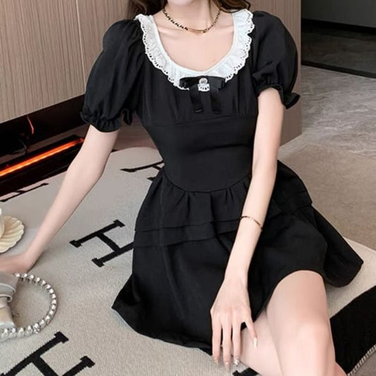 Dress Sleeve Mini Neck Ruffle Bow Puff A-Line Round