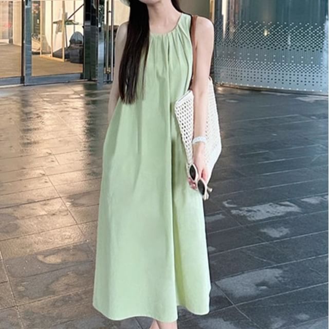 A-Line Round Midi Plain Dress Neck Sleeveless Pleated