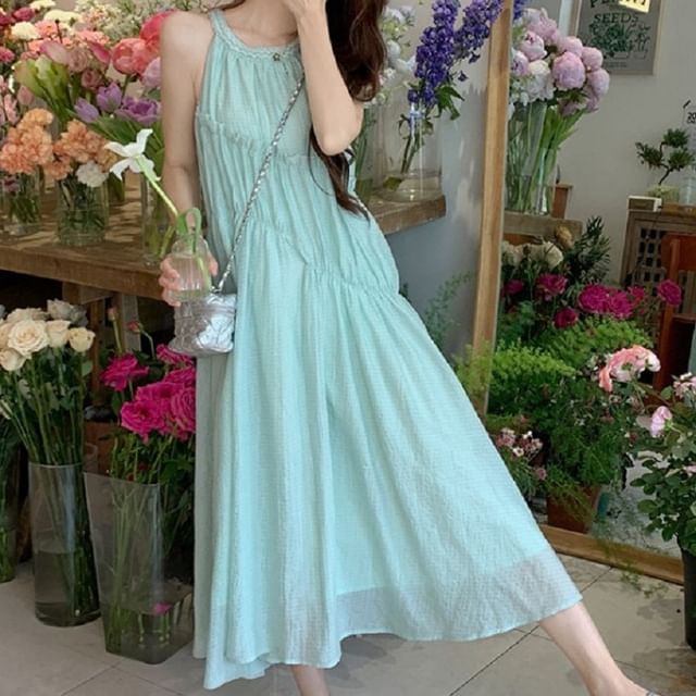 Round A-Line Midi Panel Neck Plain Dress Sleeveless