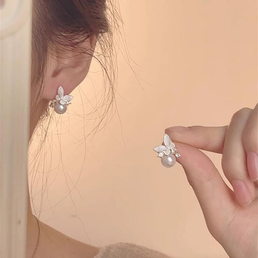Butterfly Alloy Earring Faux Drop Pearl