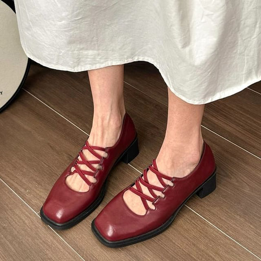 Heel Jane Toe Mary Pumps Chunky Square Plain Lace-Up