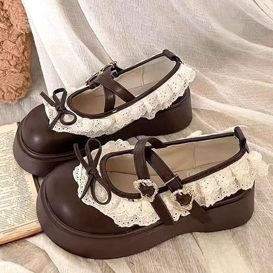 Mary Jane Platform Shoes Trim Ruffle Buckled Lace